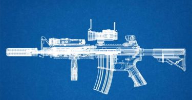 Blueprint-style diagram of an AR-15 rifle showing internal and external components