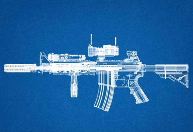 Blueprint-style diagram of an AR-15 rifle showing internal and external components