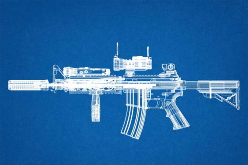 Blueprint-style diagram of an AR-15 rifle showing internal and external components