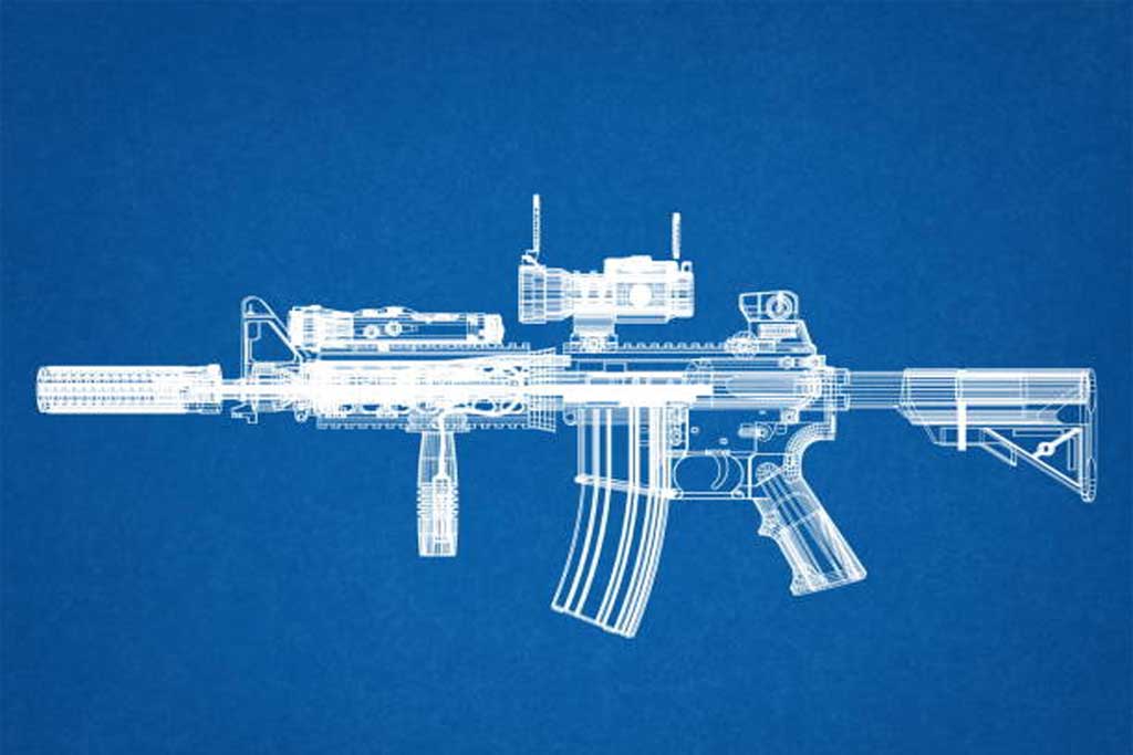 Blueprint-style diagram of an AR-15 rifle showing internal and external components