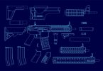 Exploded blueprint view of an AR-15 platform rifle showing separated modular components including upper receiver, lower receiver, handguards, stock, and magazines