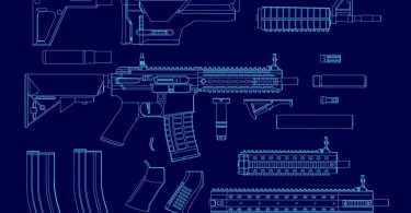 Exploded blueprint view of an AR-15 platform rifle showing separated modular components including upper receiver, lower receiver, handguards, stock, and magazines