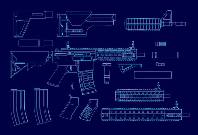 Exploded blueprint view of an AR-15 platform rifle showing separated modular components including upper receiver, lower receiver, handguards, stock, and magazines