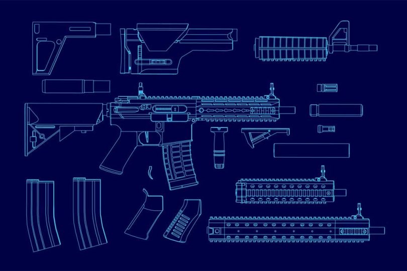 Exploded blueprint view of an AR-15 platform rifle showing separated modular components including upper receiver, lower receiver, handguards, stock, and magazines