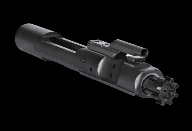 Close-up of an AR-15 bolt carrier group showing the carrier body, gas key, and bolt face against a black background