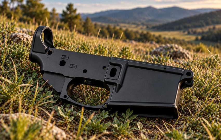 Black stripped AR-15 lower receiver resting in grass with rolling hills in the background.
