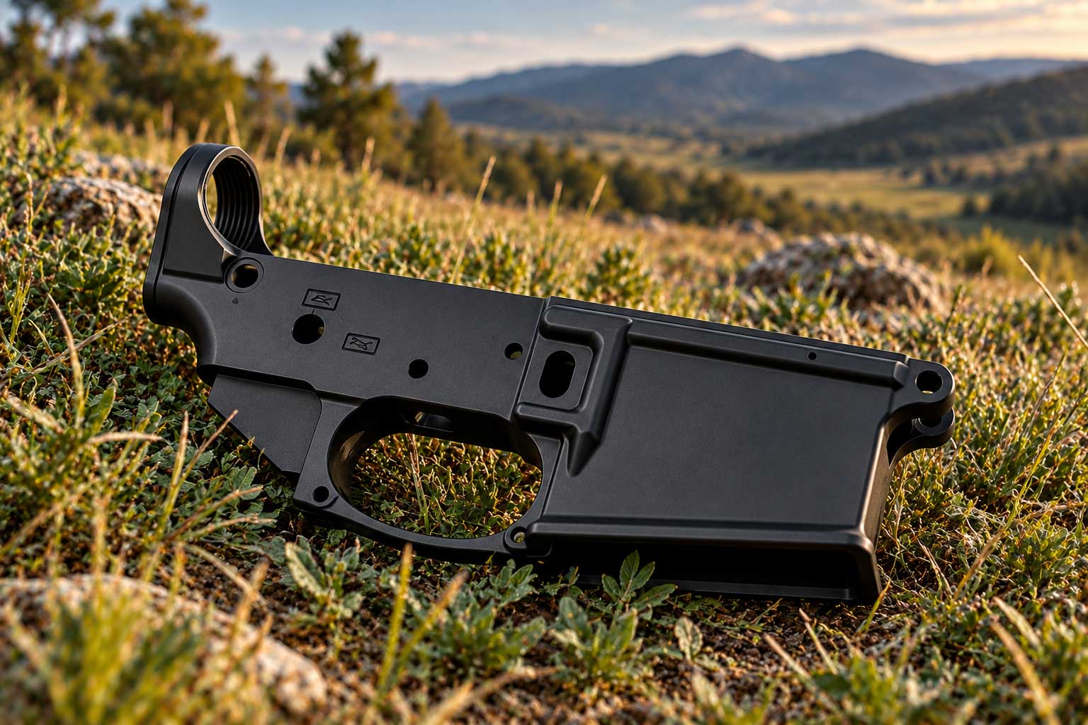 Black stripped AR-15 lower receiver resting in grass with rolling hills in the background.