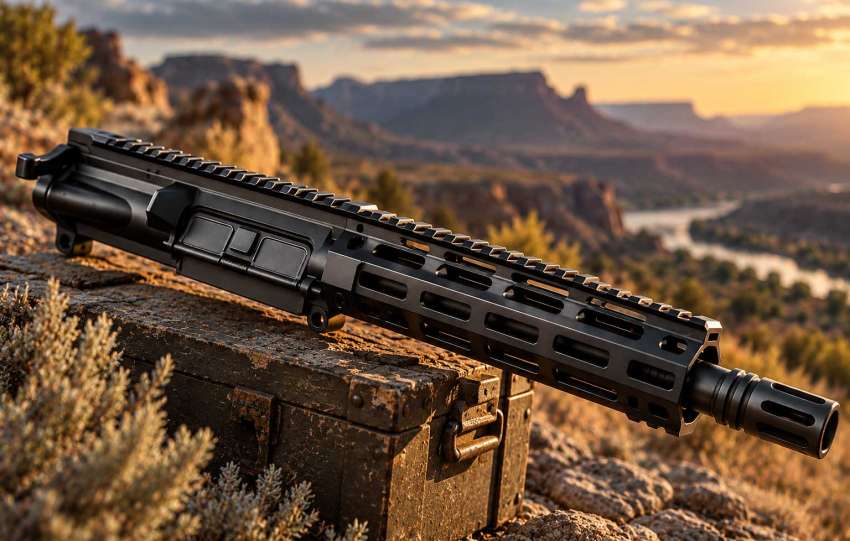 AR-15 upper receiver assembly with black M-LOK handguard and muzzle device against a desert canyon backdrop.