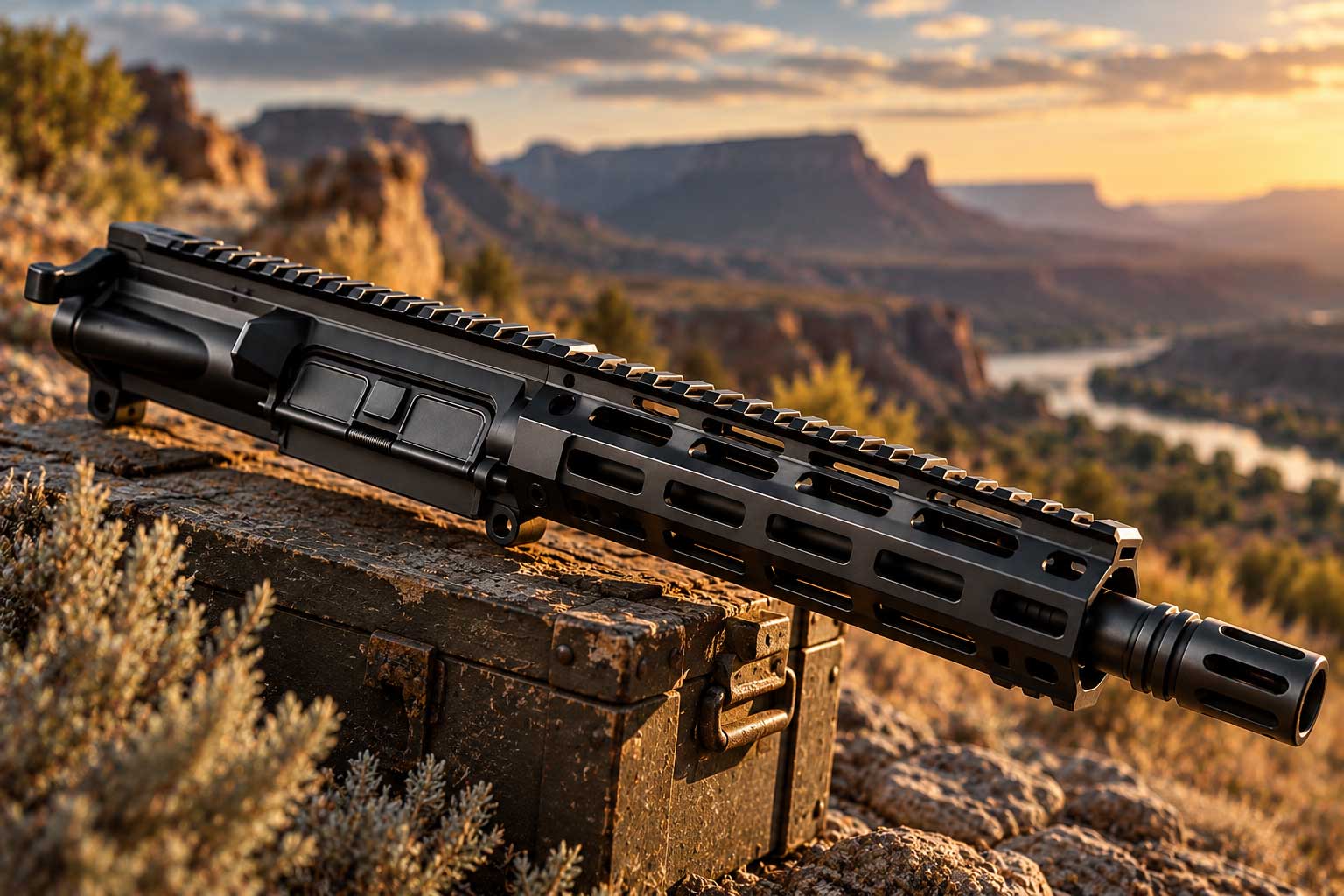 AR-15 upper receiver assembly with black M-LOK handguard and muzzle device against a desert canyon backdrop.