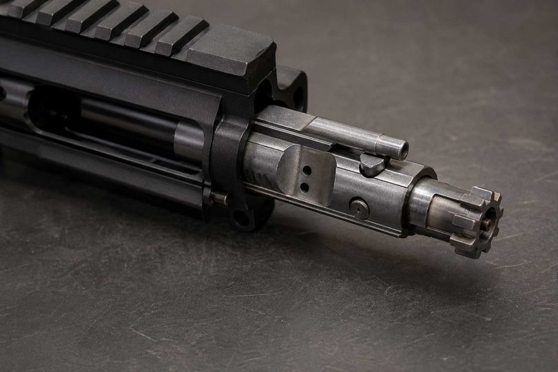 Bolt carrier group partially extended from an AR-15 upper receiver showing bolt lugs and cam pin on a workbench