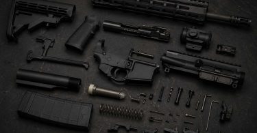 Disassembled AR-15 rifle parts arranged on a dark workbench, including stock, grip, upper and lower receivers, barrel assembly, magazine, and small components