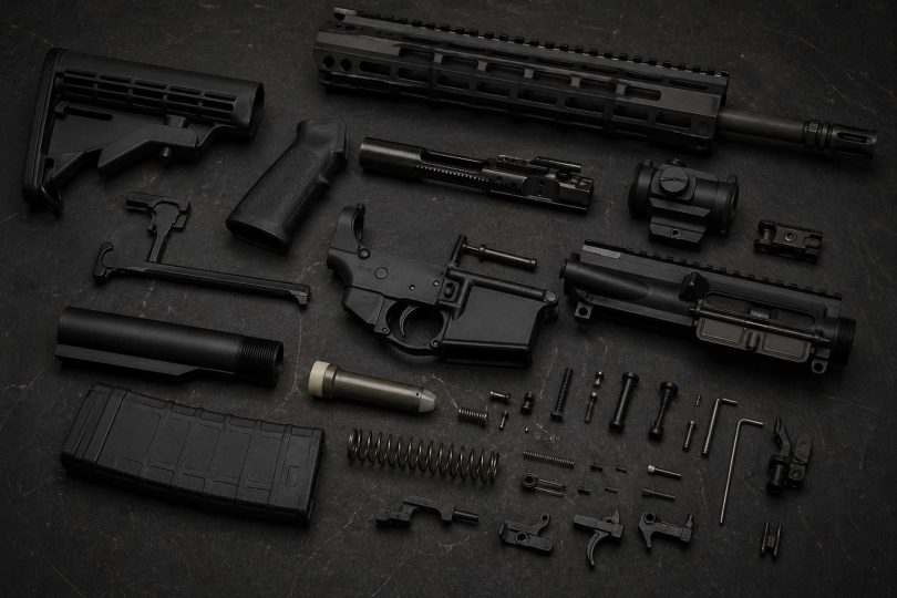 Disassembled AR-15 rifle parts arranged on a dark workbench, including stock, grip, upper and lower receivers, barrel assembly, magazine, and small components