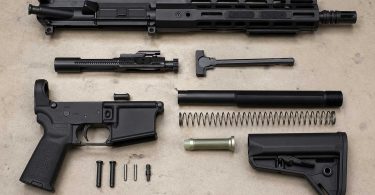 Disassembled AR-15 components arranged on a workbench, including upper receiver, lower receiver, bolt carrier group, and buffer system