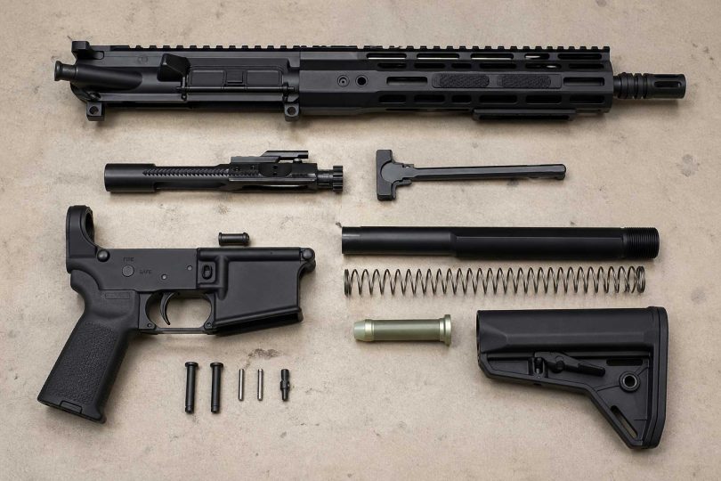 Disassembled AR-15 components arranged on a workbench, including upper receiver, lower receiver, bolt carrier group, and buffer system