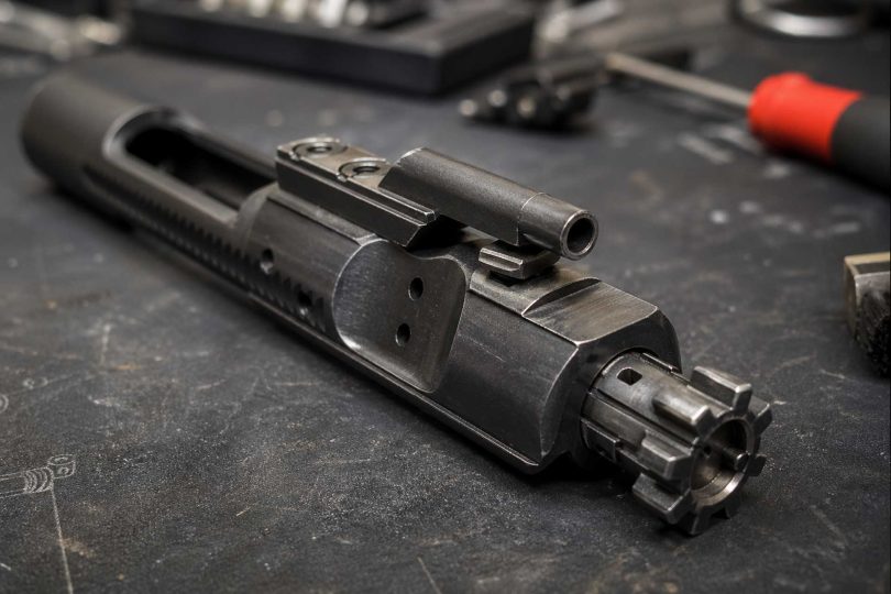Close-up of a metal bolt carrier group resting on a dark workbench with tools blurred in the background