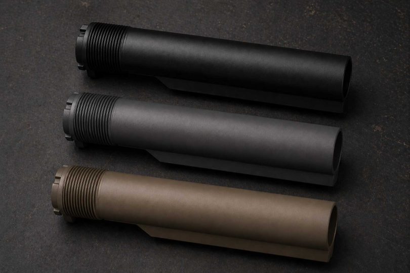 Three AR-style buffer tubes in black, gray, and tan finishes arranged diagonally on a dark workbench surface