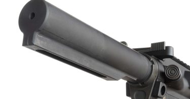 Close-up of an AR-15 buffer tube showing the rear profile and cylindrical body on a white background
