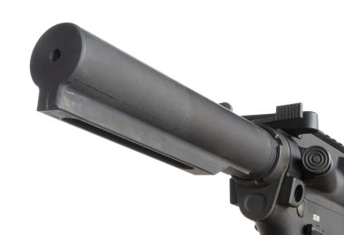 Close-up of an AR-15 buffer tube showing the rear profile and cylindrical body on a white background