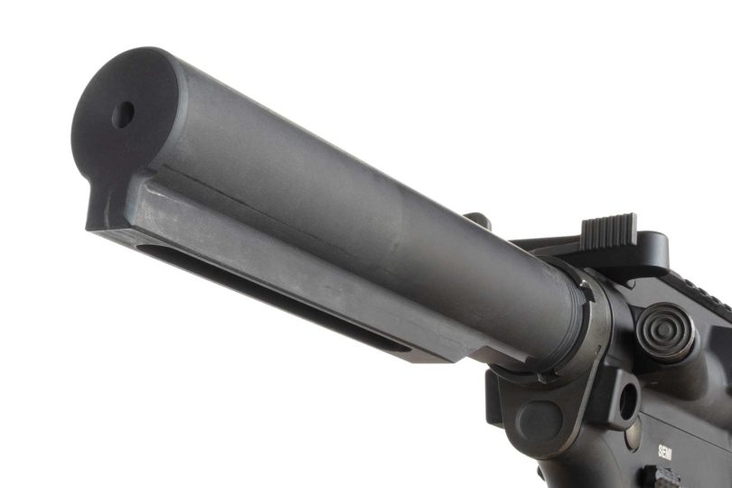 Close-up of an AR-15 buffer tube showing the rear profile and cylindrical body on a white background