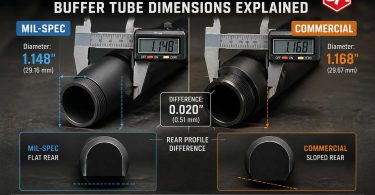 Side-by-side comparison of two buffer tubes measured with calipers showing diameter differences and rear profile shapes