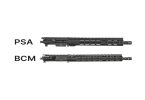 Two AR-15 upper receivers shown side by side, PSA on top and BCM on bottom, both with 16-inch barrels and M-LOK handguards