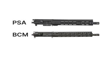 Two AR-15 upper receivers shown side by side, PSA on top and BCM on bottom, both with 16-inch barrels and M-LOK handguards