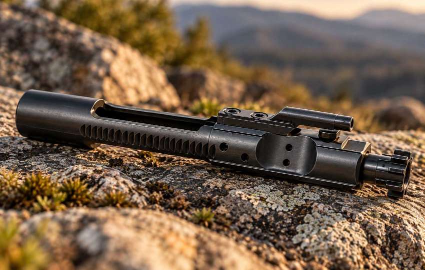 AR-15 bolt carrier group resting on a rocky surface with mountains in the background
