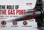 Close-up of a rifle barrel showing a highlighted gas port with directional gas flow arrows.