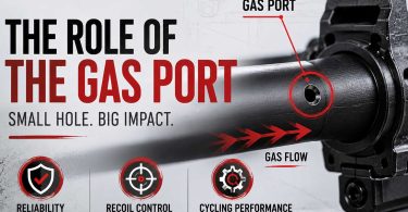 Close-up of a rifle barrel showing a highlighted gas port with directional gas flow arrows.