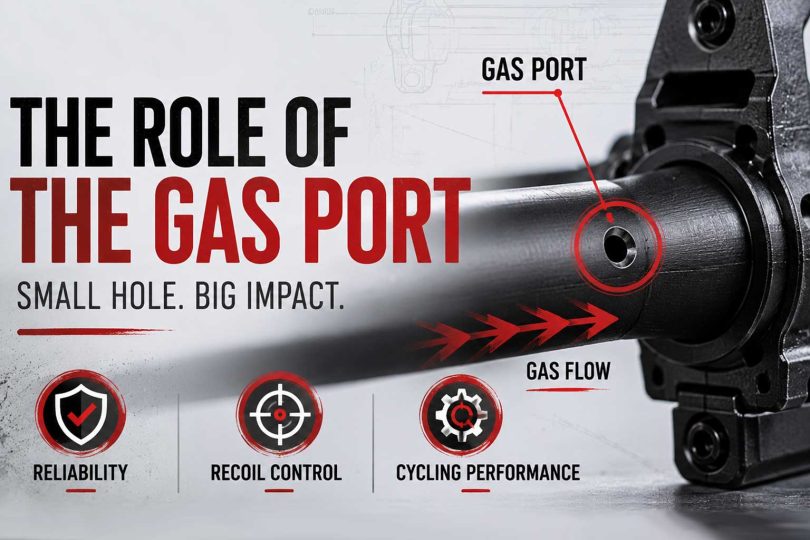 Close-up of a rifle barrel showing a highlighted gas port with directional gas flow arrows.