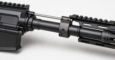 Close-up of an AR-15 barrel with gas block and gas tube on a light background