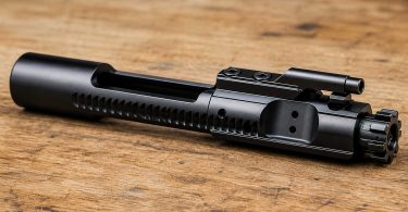 assembled AR-15 bolt carrier group resting on a wooden surface