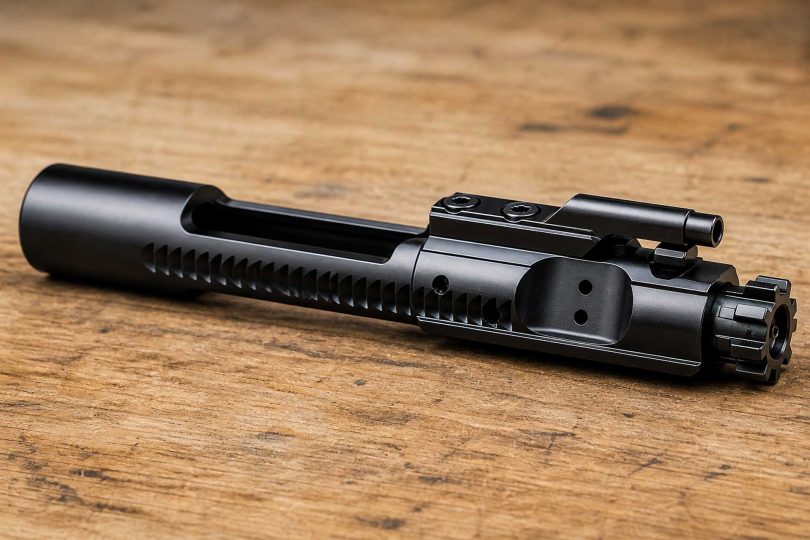 assembled AR-15 bolt carrier group resting on a wooden surface