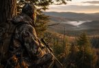 Hunter wearing camouflage clothing overlooking a forested mountain valley while holding a scoped rifle at sunrise.