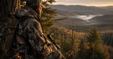 Hunter wearing camouflage clothing overlooking a forested mountain valley while holding a scoped rifle at sunrise.