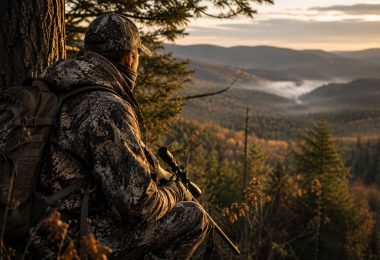 Hunter wearing camouflage clothing overlooking a forested mountain valley while holding a scoped rifle at sunrise.