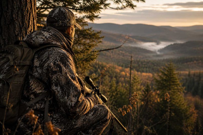 Hunter wearing camouflage clothing overlooking a forested mountain valley while holding a scoped rifle at sunrise.