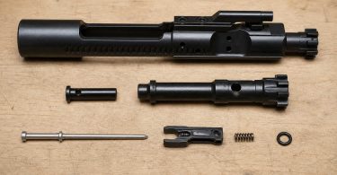 Disassembled bolt carrier group components arranged on a wooden surface, including the carrier, bolt, firing pin, cam pin, and small parts
