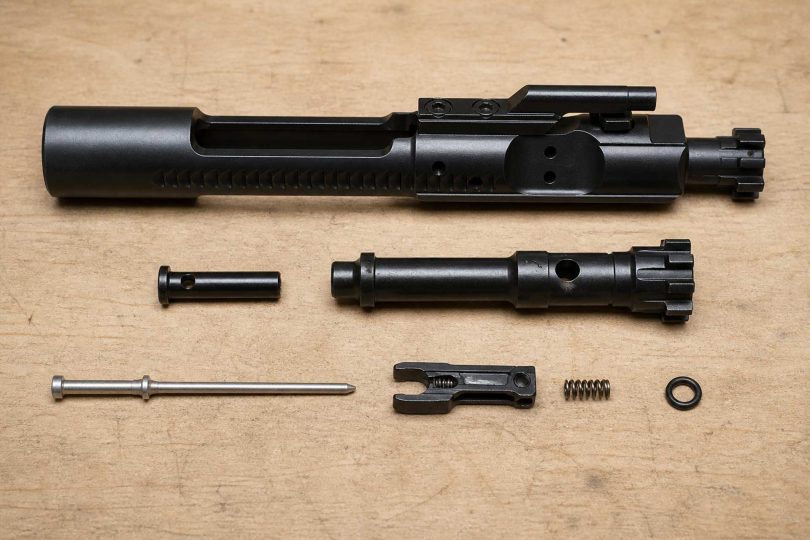 Disassembled bolt carrier group components arranged on a wooden surface, including the carrier, bolt, firing pin, cam pin, and small parts