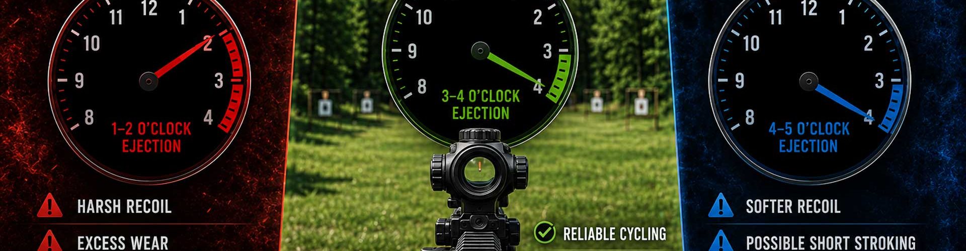 Infographic showing overgassed, ideal, and undergassed AR-15 ejection patterns with recoil and cycling characteristics.