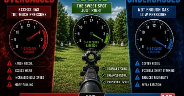 Infographic showing overgassed, ideal, and undergassed AR-15 ejection patterns with recoil and cycling characteristics.