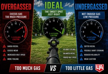 Infographic showing overgassed, ideal, and undergassed AR-15 ejection patterns with recoil and cycling characteristics.