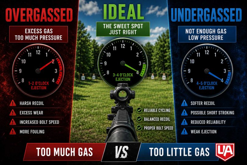Infographic showing overgassed, ideal, and undergassed AR-15 ejection patterns with recoil and cycling characteristics.