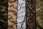 Five camouflage fabric patterns displayed side by side, including woodland, desert, snow, tree bark, and multicam designs.