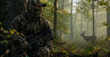 Hunter wearing woodland camouflage while sitting against a tree in a misty forest with a deer visible in the background.