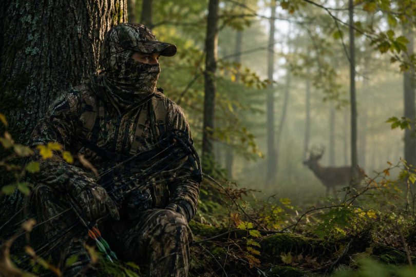 Hunter wearing woodland camouflage while sitting against a tree in a misty forest with a deer visible in the background.