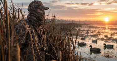 A duck hunter in camouflage standing among cattails beside a marsh at sunrise with duck decoys in the water.