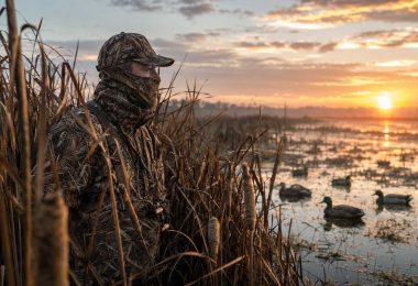 A duck hunter in camouflage standing among cattails beside a marsh at sunrise with duck decoys in the water.