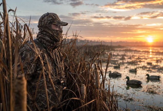 A duck hunter in camouflage standing among cattails beside a marsh at sunrise with duck decoys in the water.