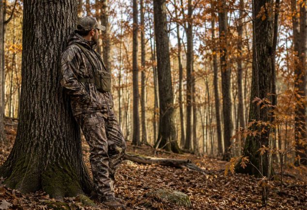 Hunter wearing camouflage while standing beside a large oak tree in an autumn hardwood forest.